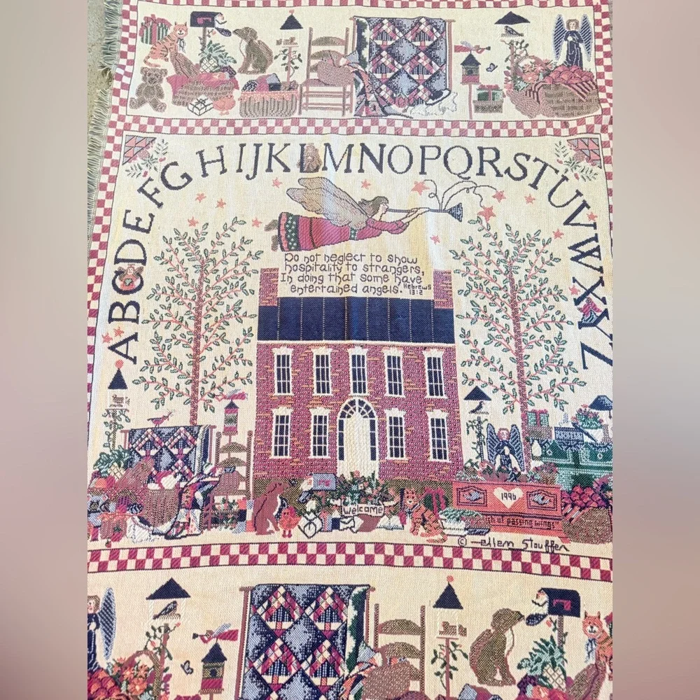 VTG Goodwin Angel ABCs Tapestry Throw Blanket Fringe 1996 Ellen Stouffer 68”x46”